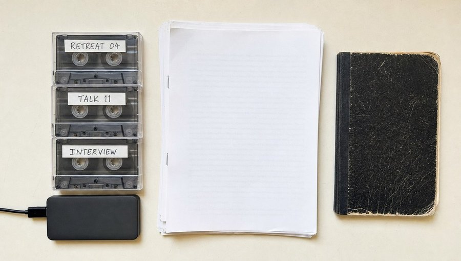 Labelled cassette tapes, a small hard drive, a bundle of printed transcripts and a worn notebook on a desk.