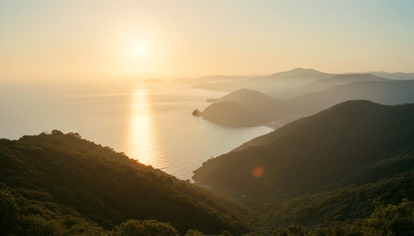 A forested coastline at sunset seen from a high ridge, headlands receding into haze over a calm sea.