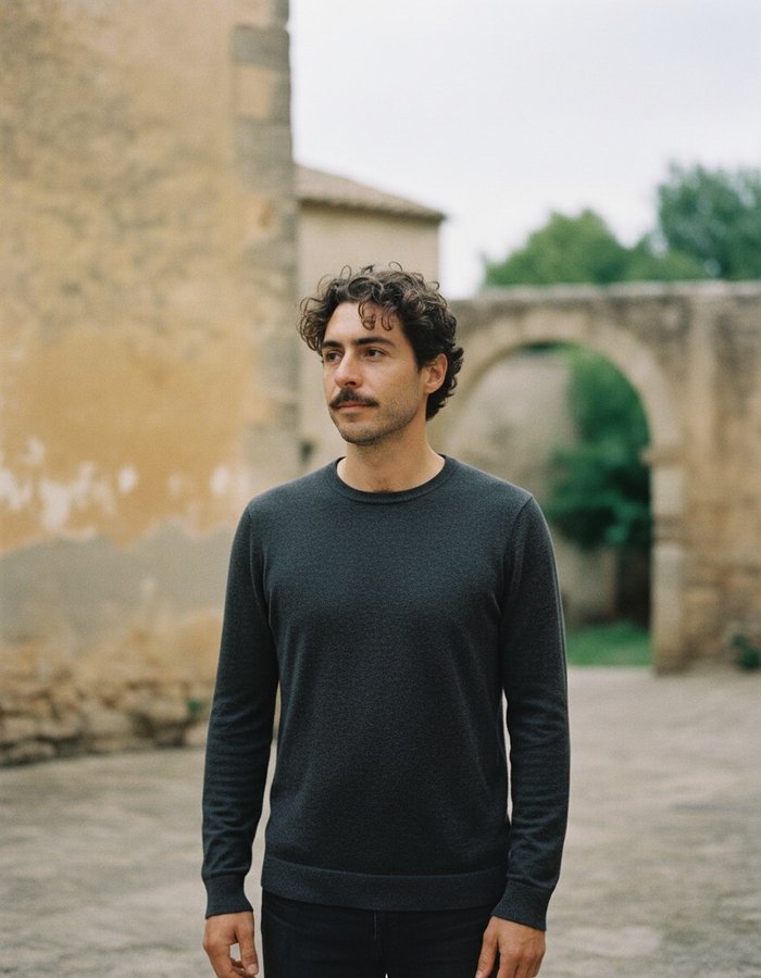 Jordi Amat standing in a stone courtyard in a plain dark shirt, looking slightly off camera.