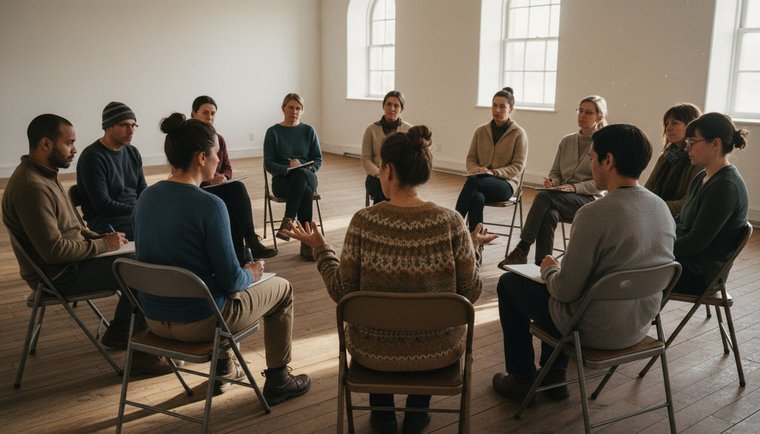 A group of adults seated in a circle in a plain room with wooden floors.