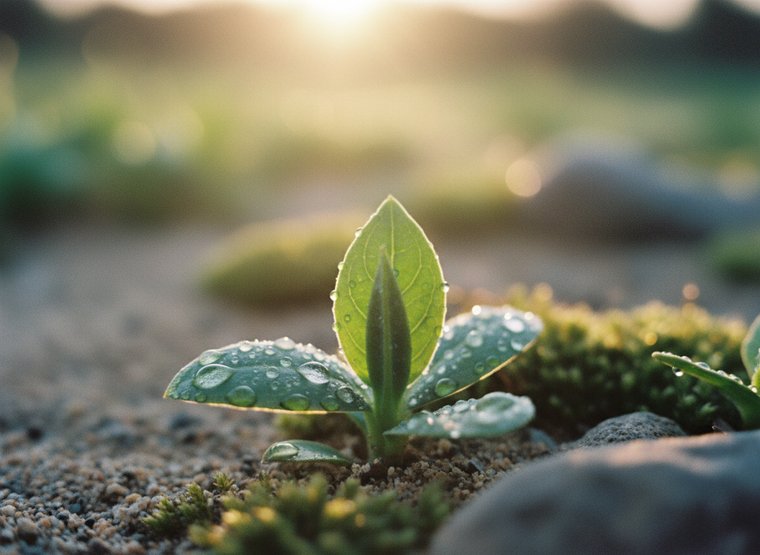 A close macro of a young green leaf with water on it, warm backlight.