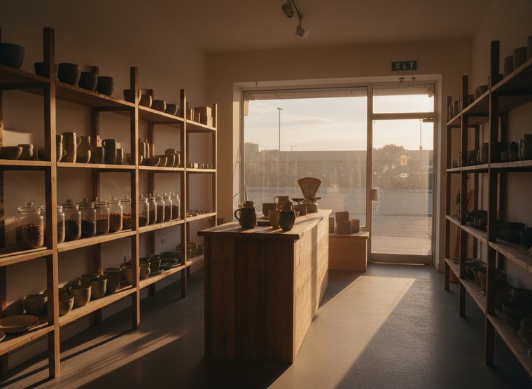 The interior of a small warm-lit artisan shop at dusk, timber shelving and ceramics.