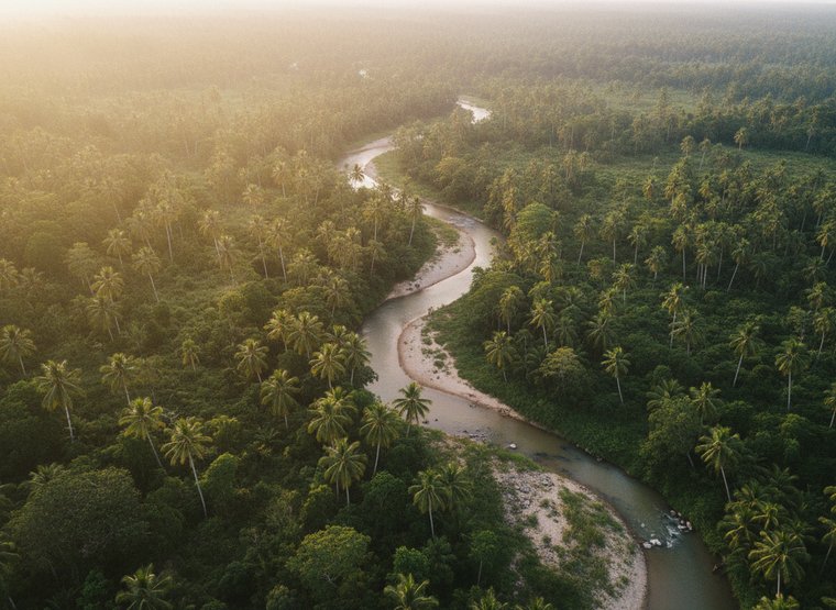 Palms and tropical canopy from above at golden hour, a river curving through dense green.