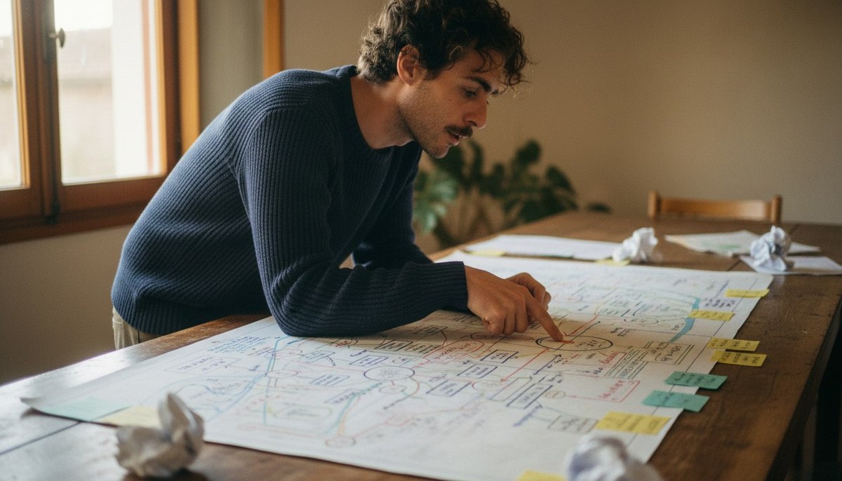 Jordi Amat leaning over a long wooden table with a large hand-drawn plan spread across it, warm daylight from a window.
